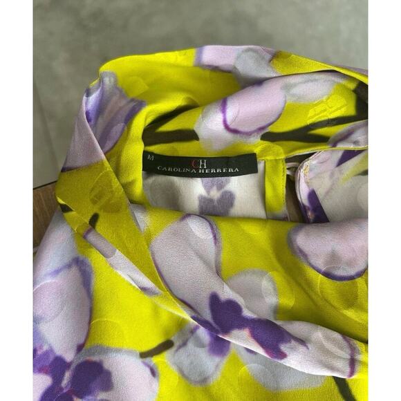 Carolina Herrera Silk Mini Dress M Feathers Long Sleeve Green Floral Neck Tie - Picture 8 of 10